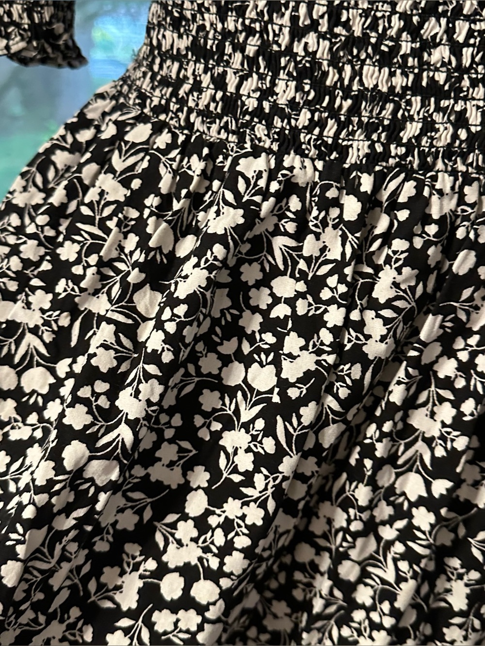 1. State Black & White Floral Smocked Midi Dress with Puff Sleeves - Picture 4 of 6